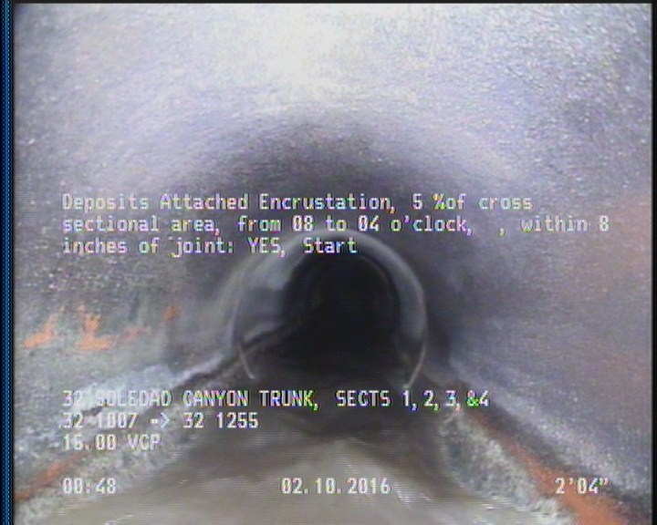 Deposits Attached Encrustation, 5 %of cross sectional area, from 08 to 04 o'clock, , within 8 inches of joint: YES, Start