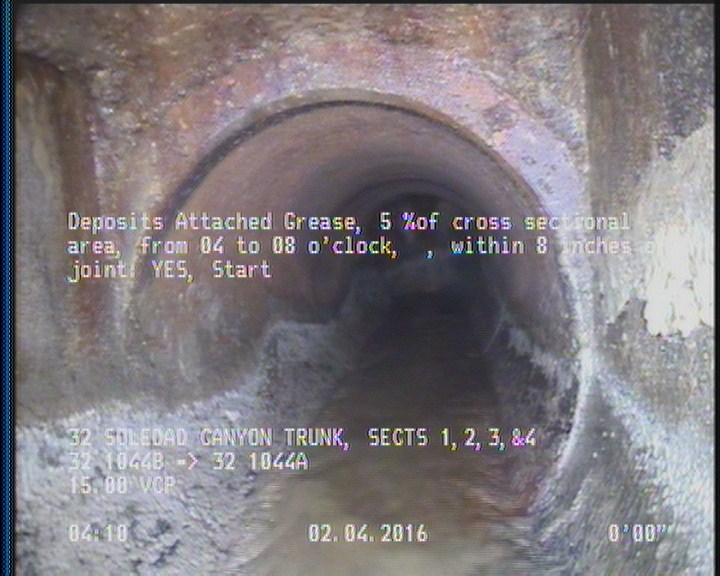 Deposits Attached Grease, 5 %of cross sectional area, from 04 to 08 o'clock, , within 8 inches of joint: YES, Start