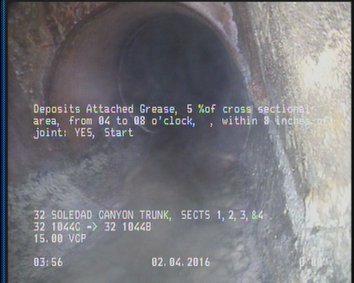 Deposits Attached Grease, 5 %of cross sectional area, from 04 to 08 o'clock, , within 8 inches of joint: YES, Start