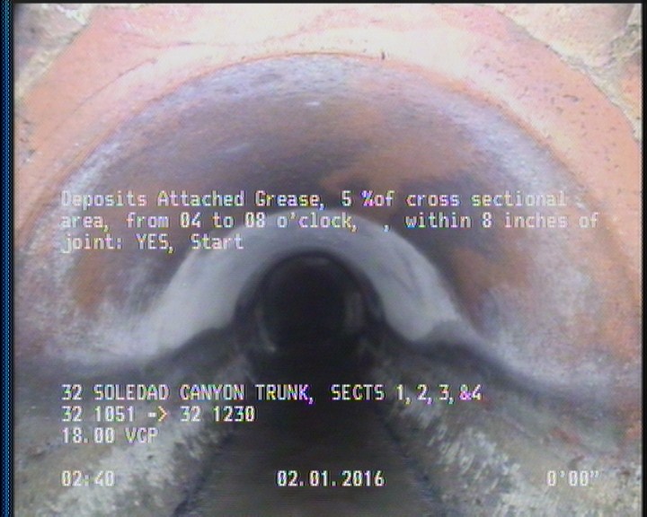 Deposits Attached Grease, 5 %of cross sectional area, from 04 to 08 o'clock, , within 8 inches of joint: YES, Start