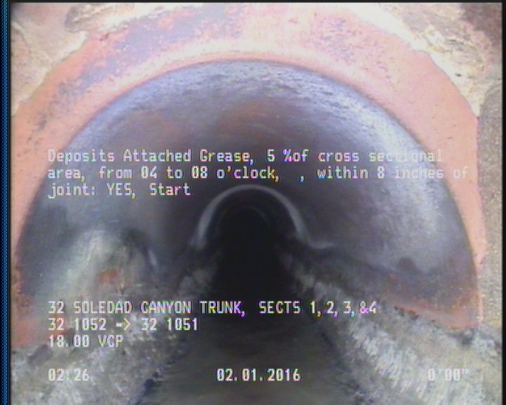 Deposits Attached Grease, 5 %of cross sectional area, from 04 to 08 o'clock, , within 8 inches of joint: YES, Start