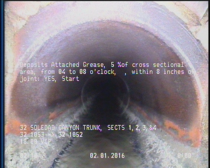 Deposits Attached Grease, 5 %of cross sectional area, from 04 to 08 o'clock, , within 8 inches of joint: YES, Start
