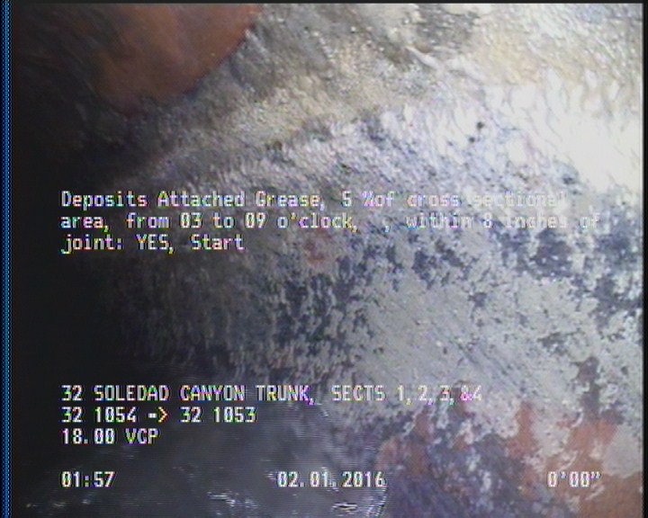 Deposits Attached Grease, 5 %of cross sectional area, from 03 to 09 o'clock, , within 8 inches of joint: YES, Start