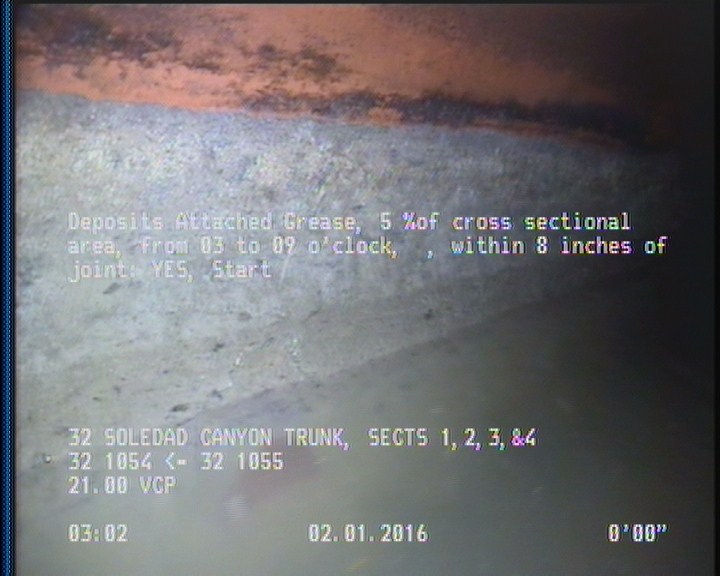 Deposits Attached Grease, 5 %of cross sectional area, from 03 to 09 o'clock, , within 8 inches of joint: YES, Start