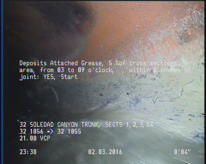 Deposits Attached Grease, 5 %of cross sectional area, from 03 to 09 o'clock, , within 8 inches of joint: YES, Start