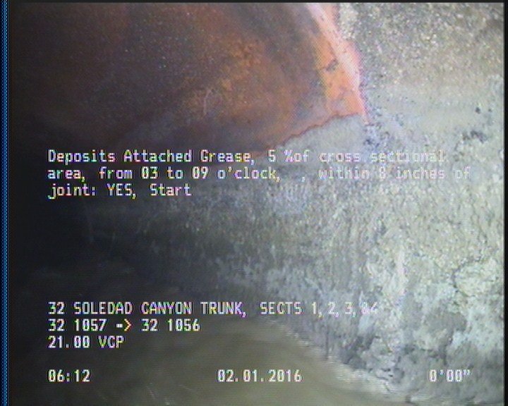 Deposits Attached Grease, 5 %of cross sectional area, from 03 to 09 o'clock, , within 8 inches of joint: YES, Start