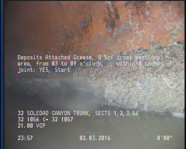 Deposits Attached Grease, 5 %of cross sectional area, from 03 to 09 o'clock, , within 8 inches of joint: YES, Start