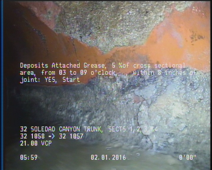 Deposits Attached Grease, 5 %of cross sectional area, from 03 to 09 o'clock, , within 8 inches of joint: YES, Start
