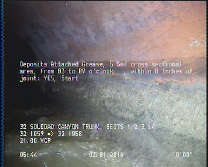 Deposits Attached Grease, 5 %of cross sectional area, from 03 to 09 o'clock, , within 8 inches of joint: YES, Start