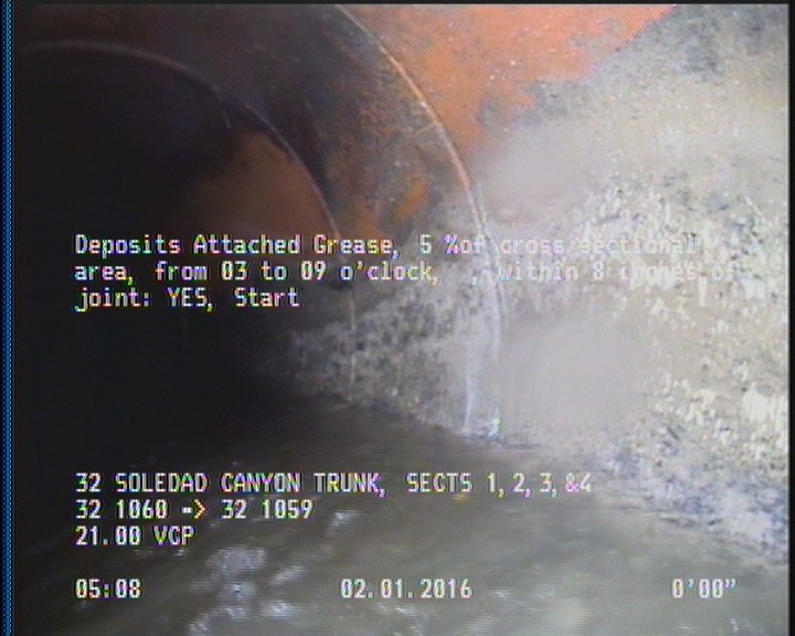 Deposits Attached Grease, 5 %of cross sectional area, from 03 to 09 o'clock, , within 8 inches of joint: YES, Start