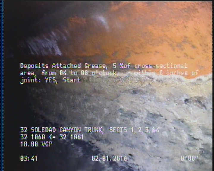 Deposits Attached Grease, 5 %of cross sectional area, from 04 to 08 o'clock, , within 8 inches of joint: YES, Start