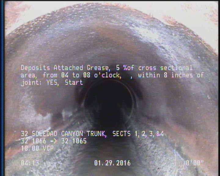 Deposits Attached Grease, 5 %of cross sectional area, from 04 to 08 o'clock, , within 8 inches of joint: YES, Start