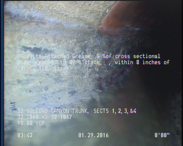 Deposits Attached Grease, 5 %of cross sectional area, from 03 to 09 o'clock, , within 8 inches of joint: YES, Start