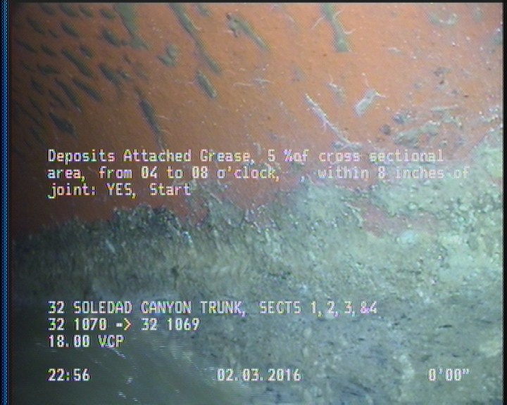 Deposits Attached Grease, 5 %of cross sectional area, from 04 to 08 o'clock, , within 8 inches of joint: YES, Start