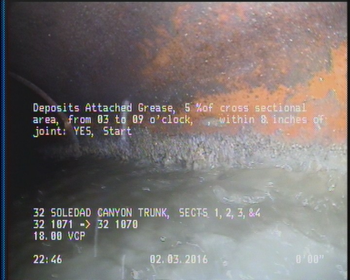 Deposits Attached Grease, 5 %of cross sectional area, from 03 to 09 o'clock, , within 8 inches of joint: YES, Start