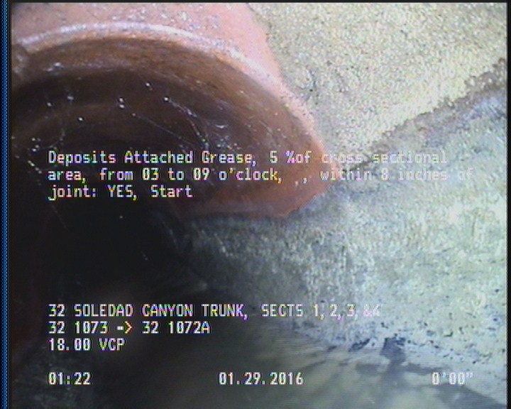 Deposits Attached Grease, 5 %of cross sectional area, from 03 to 09 o'clock, , within 8 inches of joint: YES, Start