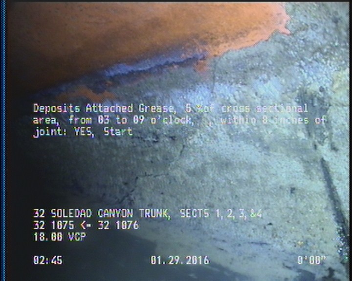 Deposits Attached Grease, 5 %of cross sectional area, from 03 to 09 o'clock, , within 8 inches of joint: YES, Start