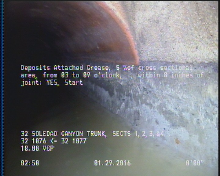 Deposits Attached Grease, 5 %of cross sectional area, from 03 to 09 o'clock, , within 8 inches of joint: YES, Start
