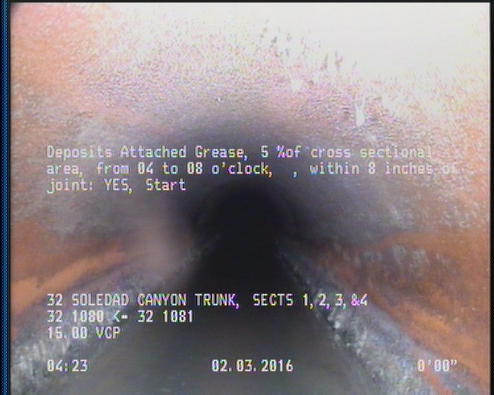Deposits Attached Grease, 5 %of cross sectional area, from 04 to 08 o'clock, , within 8 inches of joint: YES, Start