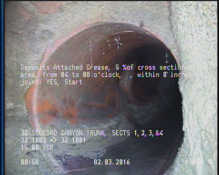Deposits Attached Grease, 5 %of cross sectional area, from 04 to 08 o'clock, , within 8 inches of joint: YES, Start