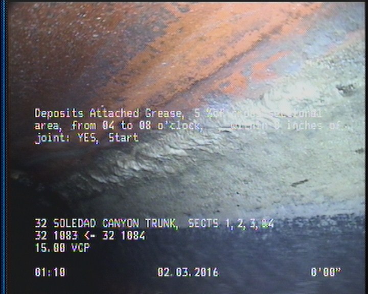 Deposits Attached Grease, 5 %of cross sectional area, from 04 to 08 o'clock, , within 8 inches of joint: YES, Start