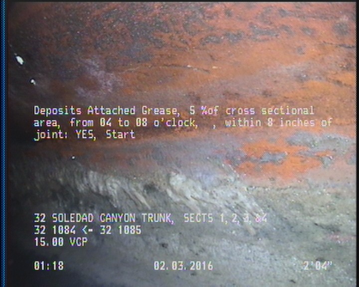 Deposits Attached Grease, 5 %of cross sectional area, from 04 to 08 o'clock, , within 8 inches of joint: YES, Start