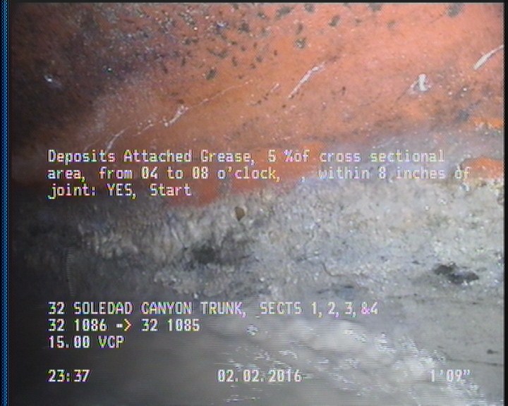 Deposits Attached Grease, 5 %of cross sectional area, from 04 to 08 o'clock, , within 8 inches of joint: YES, Start