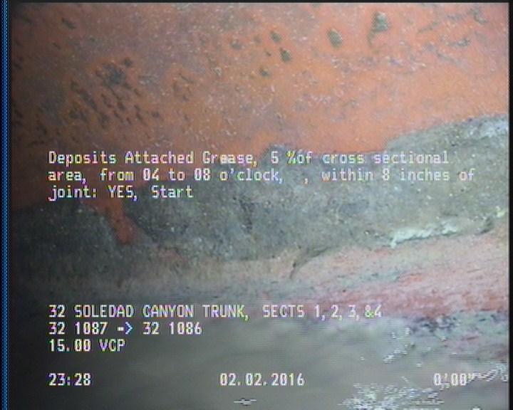 Deposits Attached Grease, 5 %of cross sectional area, from 04 to 08 o'clock, , within 8 inches of joint: YES, Start