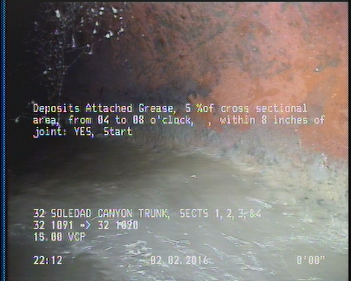 Deposits Attached Grease, 5 %of cross sectional area, from 04 to 08 o'clock, , within 8 inches of joint: YES, Start