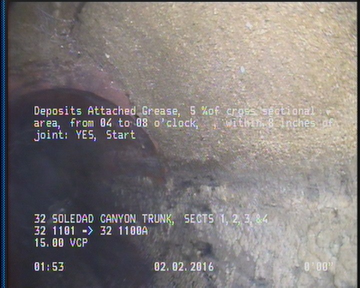 Deposits Attached Grease, 5 %of cross sectional area, from 04 to 08 o'clock, , within 8 inches of joint: YES, Start