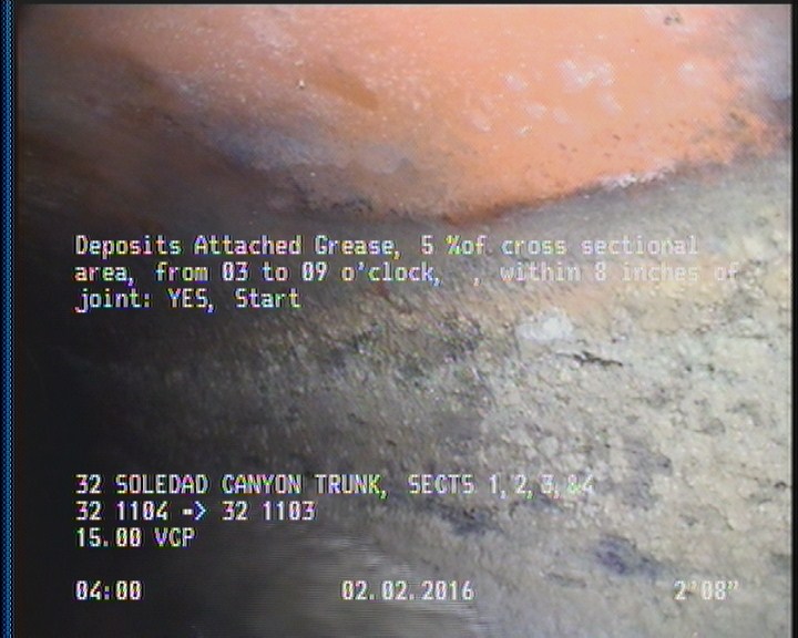 Deposits Attached Grease, 5 %of cross sectional area, from 03 to 09 o'clock, , within 8 inches of joint: YES, Start