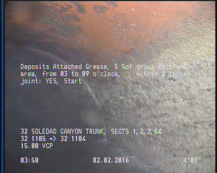 Deposits Attached Grease, 5 %of cross sectional area, from 03 to 09 o'clock, , within 8 inches of joint: YES, Start