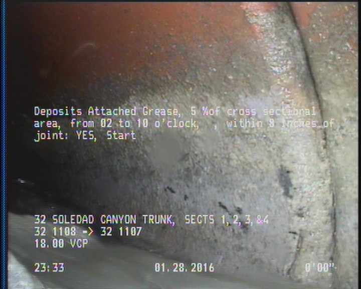 Deposits Attached Grease, 5 %of cross sectional area, from 02 to 10 o'clock, , within 8 inches of joint: YES, Start