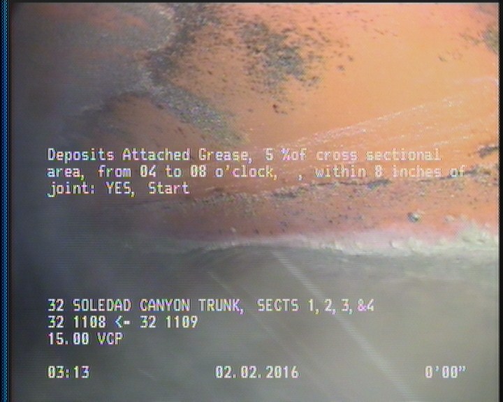 Deposits Attached Grease, 5 %of cross sectional area, from 04 to 08 o'clock, , within 8 inches of joint: YES, Start