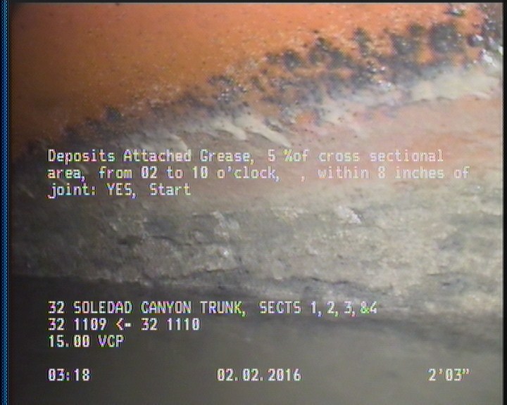 Deposits Attached Grease, 5 %of cross sectional area, from 02 to 10 o'clock, , within 8 inches of joint: YES, Start