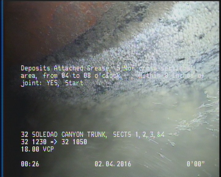 Deposits Attached Grease, 5 %of cross sectional area, from 04 to 08 o'clock, , within 8 inches of joint: YES, Start