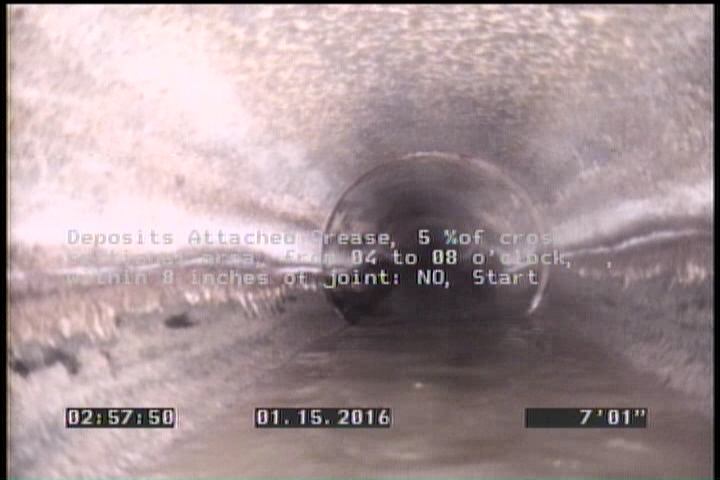 Deposits Attached Grease, 5 %of cross sectional area, from 04 to 08 o'clock, , within 8 inches of joint: NO, Start