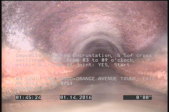 Deposits Attached Encrustation, 5 %of cross sectional area, from 03 to 09 o'clock, , within 8 inches of joint: YES, Start
