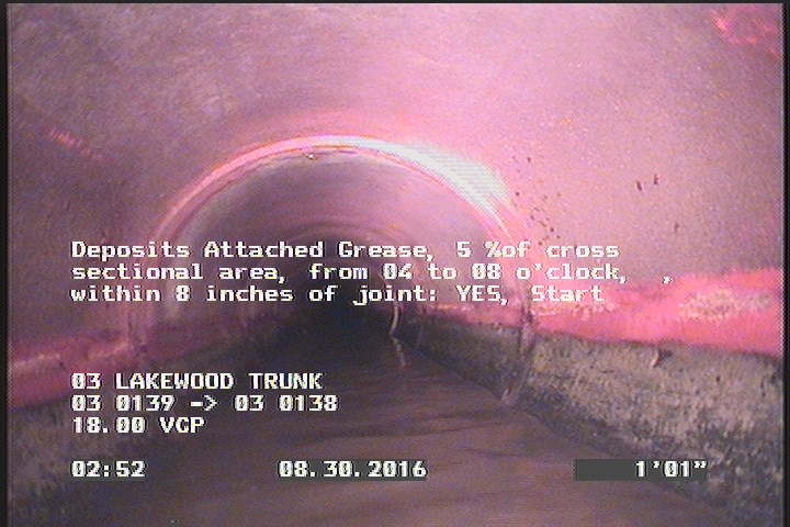Deposits Attached Grease, 5 %of cross sectional area, from 04 to 08 o'clock, , within 8 inches of joint: YES, Start
