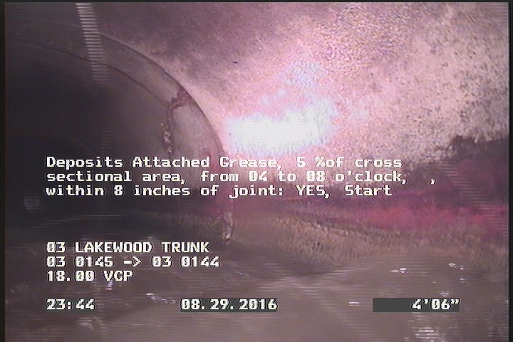 Deposits Attached Grease, 5 %of cross sectional area, from 04 to 08 o'clock, , within 8 inches of joint: YES, Start
