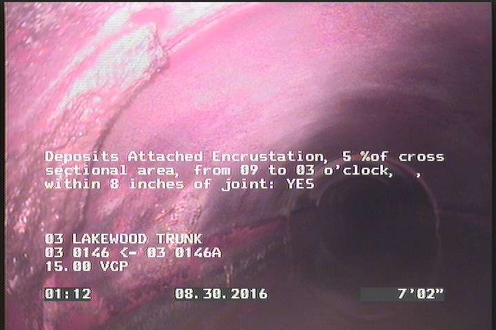 Deposits Attached Encrustation, 5 %of cross sectional area, from 09 to 03 o'clock, , within 8 inches of joint: YES