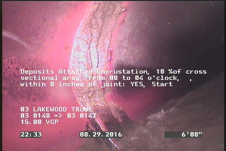 Deposits Attached Encrustation, 10 %of cross sectional area, from 08 to 04 o'clock, , within 8 inches of joint: YES, Start
