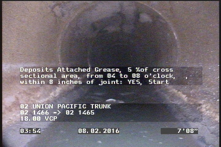 Deposits Attached Grease, 5 %of cross sectional area, from 04 to 08 o'clock, , within 8 inches of joint: YES, Start