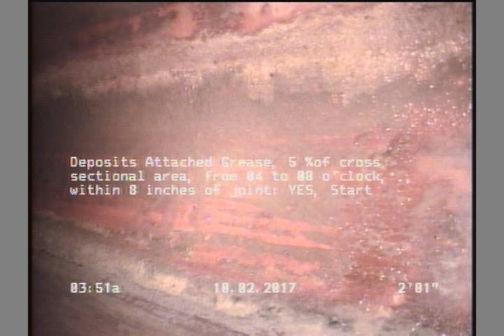 Deposits Attached Grease, 5 %of cross sectional area, from 04 to 08 o'clock, , within 8 inches of joint: YES, Start