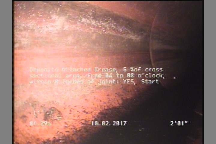 Deposits Attached Grease, 5 %of cross sectional area, from 04 to 08 o'clock, , within 8 inches of joint: YES, Start