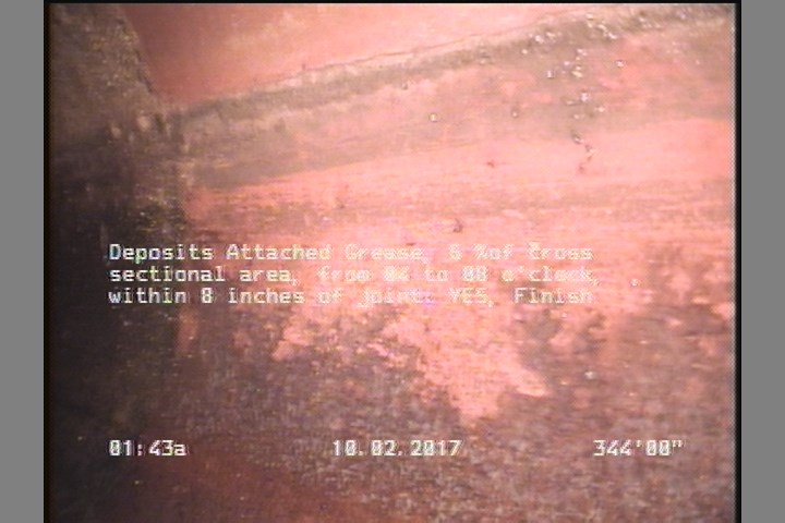 Deposits Attached Grease, 5 %of cross sectional area, from 04 to 08 o'clock, , within 8 inches of joint: YES, Finish