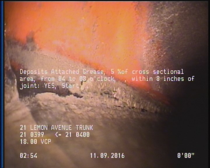 Deposits Attached Grease, 5 %of cross sectional area, from 04 to 08 o'clock, , within 8 inches of joint: YES, Start