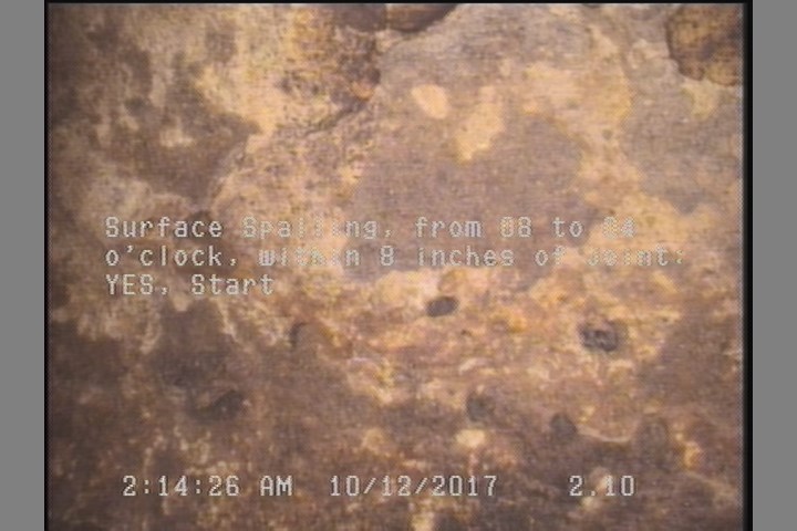 Surface Spalling, from 08 to 04 o'clock, within 8 inches of joint: YES, Start