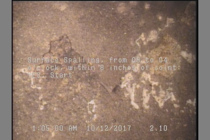 Surface Spalling, from 08 to 04 o'clock, within 8 inches of joint: YES, Start