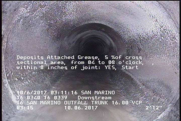 Deposits Attached Grease, 5 %of cross sectional area, from 04 to 08 o'clock, , within 8 inches of joint: YES, Start